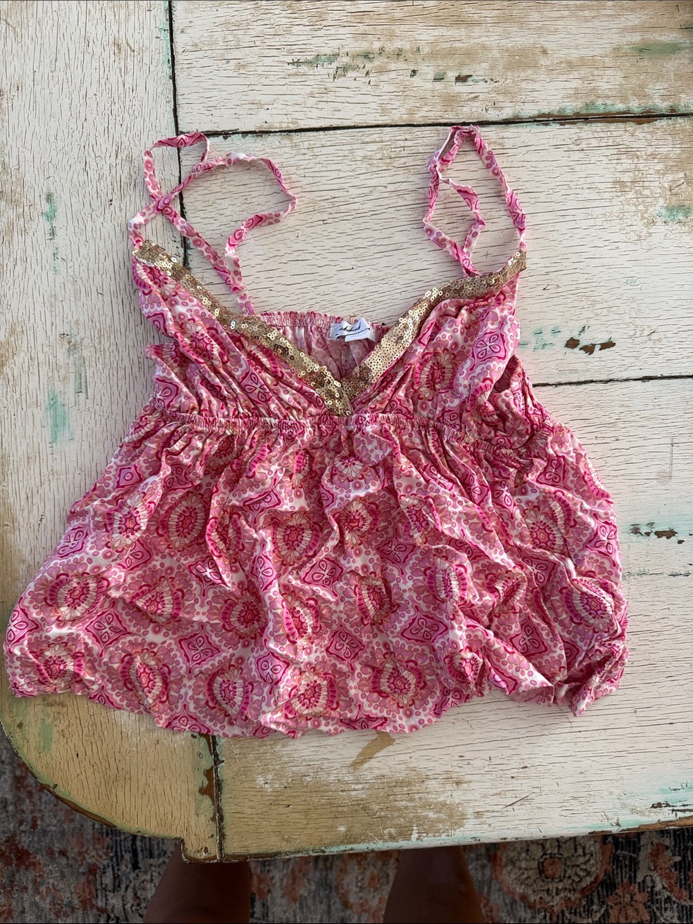 Subdued Pink Paisley Sequin Trim Tank Top
